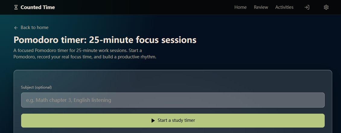 Counted Time Pomodoro page showing the subject field and start control before a session